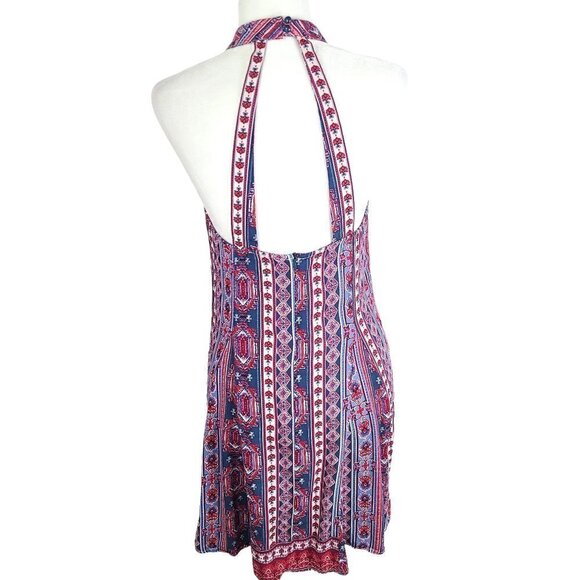 AQUA Red Blue Y2K Bandana Halter High Neck Open Back Mini Dress - Picture 3 of 6